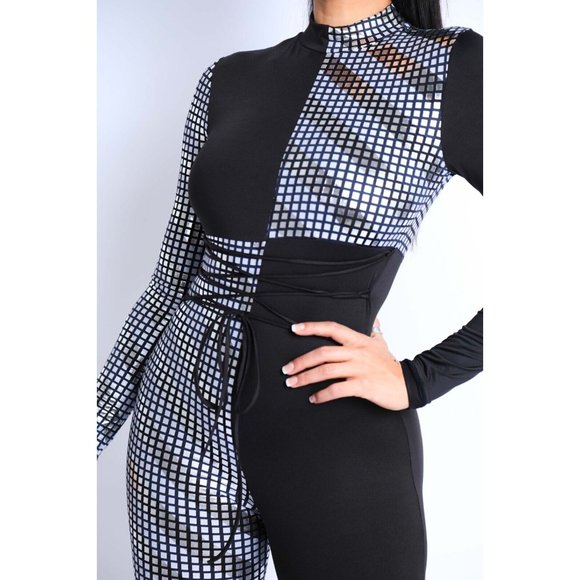 Women's Mosaic Colorblock Tie Detailed Jumpsuit Party Club Lounge Jumpsuit - Picture 3 of 13